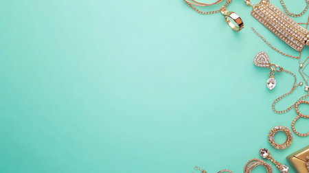 Discover an exquisite display of stylish jewelry including rings, earrings, and bracelets set against a vibrant turquoise backdrop, perfect for fashion promotions and luxury showcases.の素材