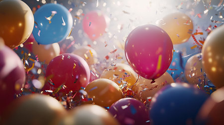 A vibrant scene featuring colorful balloons and showering confetti, creating an atmosphere of joy and celebration, perfect for events, parties, and festive moments.の素材
