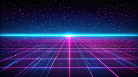 Discover a vivid futuristic landscape featuring a neon grid under a starry sky, enhanced by a captivating horizon glow, perfect for digital or retro-themed projects.の素材