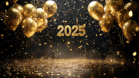 Celebrate the arrival of 2025 with this enchanting image featuring gold balloons and shimmering confetti, creating a joyful and festive atmosphere perfect for any New Year party.の素材
