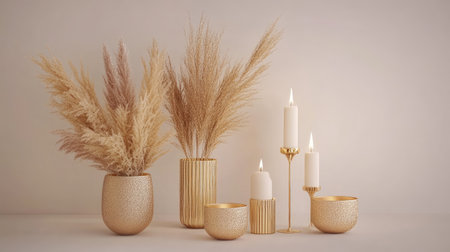 Discover an elegant composition featuring decorative vases filled with dried pampas grass and flickering candles, perfect for enhancing your living space with warmth and style.の素材
