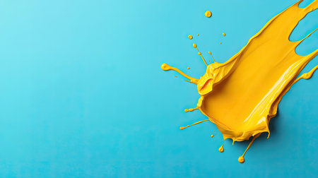 A dynamic splash of vibrant yellow paint on a bright blue background showcases a playful and creative energy, perfect for artistic projects and design inspiration.の素材