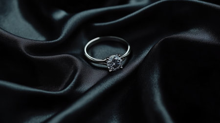 Sophisticated diamond ring displayed on soft black satin, highlighting its elegance and beauty, perfect for jewelry lovers and wedding inspirations.の素材