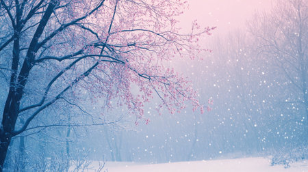 A tranquil winter scene capturing delicate pink blossoms amidst gentle snowfall, creating a peaceful atmosphere in a serene landscape filled with frosty trees.の素材