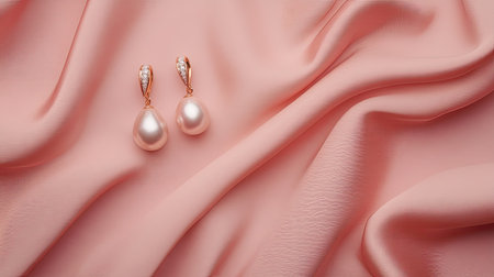 Captivating pearl drop earrings elegantly laid on a soft pink satin fabric, showcasing timeless beauty ideal for luxury displays and fashion aesthetics.の素材