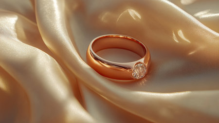 A stunning gold ring featuring a brilliant diamond rests gracefully on soft satin fabric, capturing elegance and luxury, perfect for jewelry-themed photography and promotions.の素材