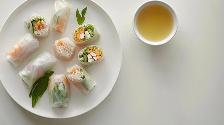 A vibrant plate of fresh spring rolls made with colorful vegetables and herbs, elegantly placed next to a cup of herbal tea, perfect for a light and healthy meal.の素材