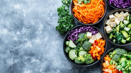 A stunning display of fresh vegetable bowls showcasing colorful ingredients like carrots, cucumbers, and tofu, perfect for promoting healthy eating and nutrition awareness.の素材