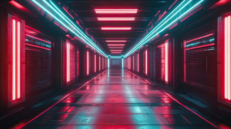 Explore a mesmerizing futuristic corridor illuminated by striking blue and pink neon lights, creating a surreal atmosphere ideal for digital art, design projects, and sci-fi themes.の素材