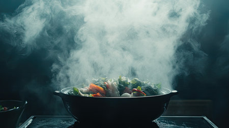 This captivating image showcases a pot of fresh vegetables steaming in a dark kitchen, highlighting the beauty of cooking and the inviting aromas of home-prepared meals.の素材
