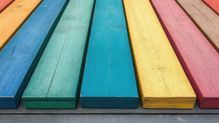 A close-up view of colorful wooden planks arranged horizontally, showcasing a playful and vibrant design that adds a rustic charm to any creative project or environment.の素材