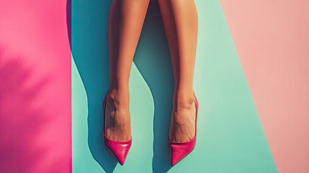 A striking image featuring elegant pink high heels positioned on a colorful geometric background with pink and blue sections, showcasing beautifully groomed legs.の素材