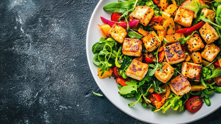 A vibrant salad featuring grilled tofu, cherry tomatoes, and mixed greens. Perfect for healthy eating and plant-based diet enthusiasts seeking nutritious meal options.の素材