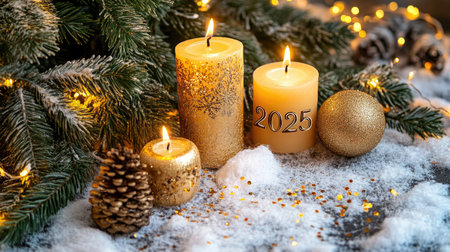 A serene Christmas setup featuring golden candles, snow, pine cones, and twinkling lights, creating a captivating scene to celebrate the arrival of New Year 2025.の素材