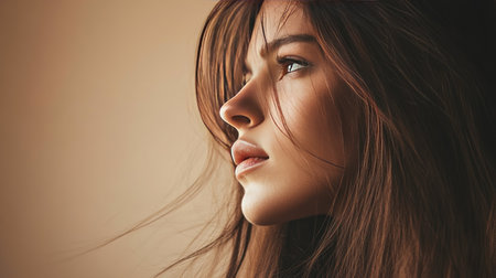 A stunning close-up profile image of a young woman lost in thought, showcasing her natural beauty and soft features with gently flowing hair and an introspective gaze.の素材