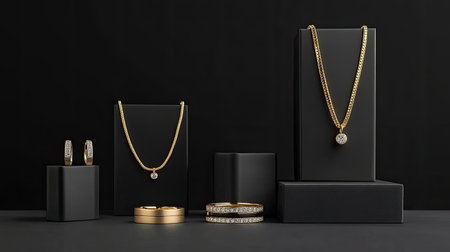 Discover an exquisite collection of gold jewelry featuring necklaces, earrings, and rings, beautifully showcased against a sleek black backdrop, perfect for fashion and accessory enthusiasts.の素材