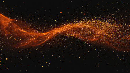 A stunning abstract background featuring flowing golden particles and dust on a black backdrop, creating an enchanting atmosphere for various creative applications.の素材