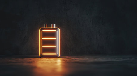 A glowing electric battery stands prominently against a dark background, showcasing modern design and innovation in energy storage and technology advancements.の素材
