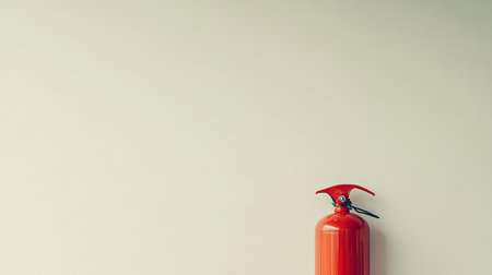 A striking image of a bright red fire extinguisher positioned against a plain wall, emphasizing its importance in safety measures and fire prevention in indoor spaces.の素材