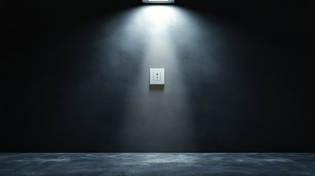 A striking minimalist setting featuring an electrical outlet illuminated by a spotlight against a dark wall, conveying an atmosphere of simplicity and modern design.の素材