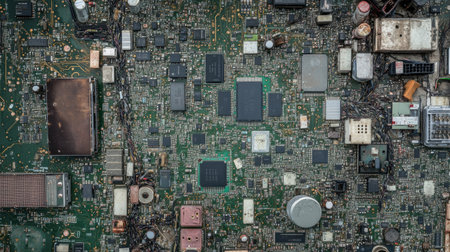 A high-resolution close-up view of a complex circuit board filled with intricate electronic components, highlighting the details of modern technological advancement in electronics.の素材