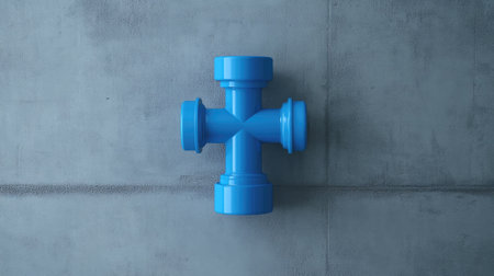 A vivid blue PVC pipe fitting with four openings, presented on a textured concrete backdrop, perfect for conveying themes related to plumbing, design, and construction.の素材