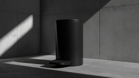 A sleek black trash can positioned in a minimalist concrete space, showcasing modern design elements and dramatic lighting effects that enhance its elegant simplicity.の素材