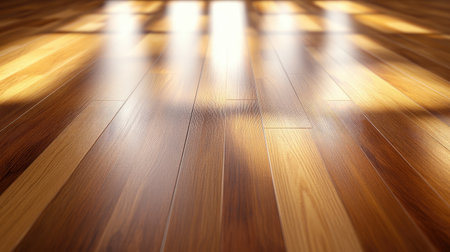 Stunning polished wooden floor absorbing natural light, perfect for use in design projects, real estate listings, or inspiring home decor ideas in vibrant interiors.の素材