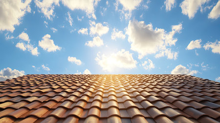 A picturesque view of a clay tile rooftop basking in warm sunlight under a clear blue sky adorned with fluffy white clouds, creating a serene atmosphere.の素材