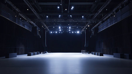 This modern event hall features dramatic lighting showcasing a versatile setup perfect for concerts, corporate events, and various live performances in a spacious environment.の素材