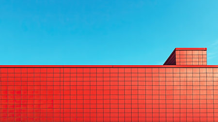 A striking red building rises against a clear blue sky, demonstrating modern architectural style with geometric patterns, minimalistic design, and vibrant color contrast that captivates the eye.の素材