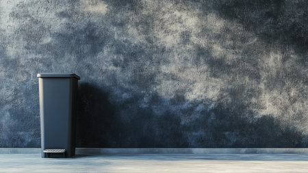 A sleek black trash bin stands against a textured dark wall, creating a striking visual that highlights cleanliness and modern design for your stock photo needs.の素材