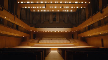 A breathtaking view of a modern concert hall showcasing elegant wood finishes and beautiful lighting, perfect for hosting various musical events and performances.の素材