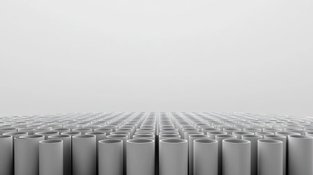 A visually stunning arrangement of cylindrical tubes creates an abstract, minimalistic effect in a modern gray space, emphasizing depth and tranquility in design.の素材