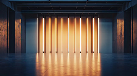 A captivating modern interior space featuring vertical light columns that create a warm ambiance, combined with a reflective floor suited for artistic and design projects.の素材