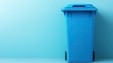 This image features a blue trash bin set against a light blue background, perfect for discussions on cleanliness, recycling, and sustainable practices in urban environments.の素材