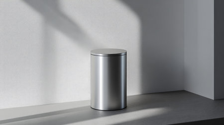 This image showcases a sleek silver trash can in a minimalist interior, highlighting modern design elements, soft shadows, and a clean aesthetic suitable for various environments.の素材