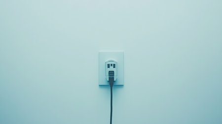 A minimalistic view of a modern electrical outlet with a plug against a soft blue wall, perfect for themes of technology, simplicity, and contemporary interior design.の素材