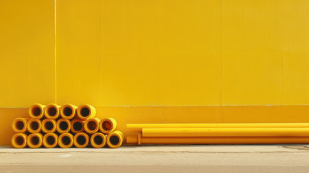 A vivid composition featuring neatly arranged yellow pipes against a matching yellow wall, ideal for showcasing bold color themes in industrial or design projects.の素材