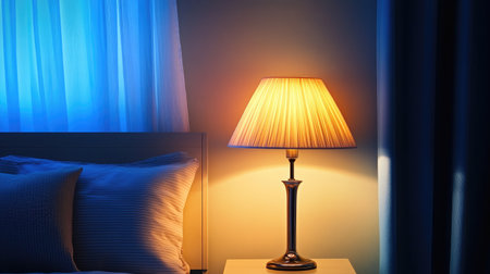 A beautifully designed table lamp casts a warm glow in a cozy bedroom, creating a serene atmosphere, complemented by stylish pillows and soft blue curtains.の素材