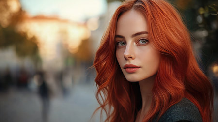 A stunning portrait of a young woman featuring long, flowing red hair in a delightful urban environment, capturing her elegant beauty and serene expression amidst soft lighting.の素材