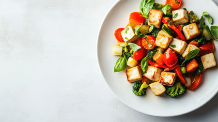 Delight in a vibrant vegetable stir-fry featuring tofu, fresh basil, and colorful ingredients, perfect for a healthy meal in any dining setting.の素材