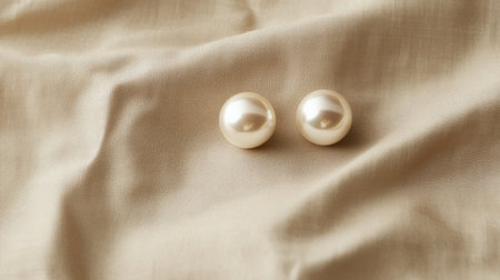 Two elegant white pearls rest on a soft beige fabric, exuding luxury and timeless beauty. Ideal for highlighting fashion, jewelry, or decorative themes in photography.の素材