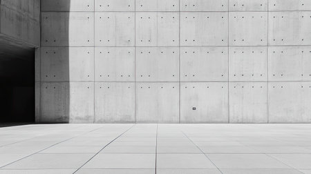 A minimalist concrete wall featuring a smooth surface and striking shadows, creating an ideal backdrop for artistic and architectural compositions in any modern setting.の素材