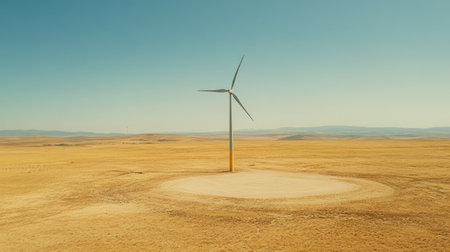 This image features a solitary wind turbine standing tall in a vast, dry landscape, showcasing the integration of renewable energy in rural settings under a bright blue sky.の素材