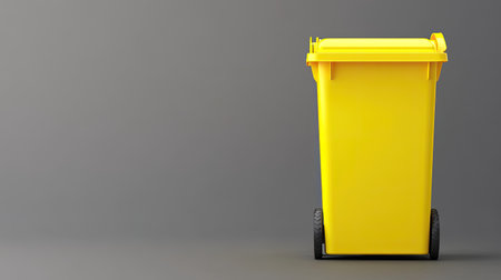 A bright yellow trash bin stands against a gray backdrop, symbolizing waste management and recycling, perfect for urban and environmental themes.の素材