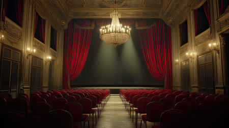 Experience the grandeur of a classic theatre interior featuring luxurious red curtains, a majestic chandelier, and rows of empty seats, evoking a captivating atmosphere ready for performance.の素材