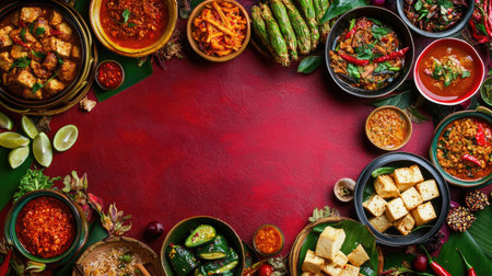 A striking array of Indian dishes displayed on a vibrant red surface, showcasing fresh ingredients, rich colors, and enticing aromas that invite culinary exploration.の素材