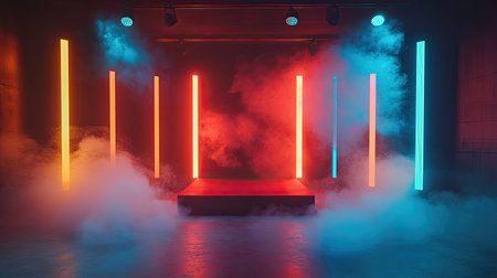 Captivating stage design featuring vivid neon lights and a smoky setting, ideal for performances, events, and creative photography in modern venues.の素材