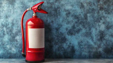 A red fire extinguisher prominently placed against a textured blue wall, symbolizing essential fire safety and prevention strategies for homes and workplaces.の素材